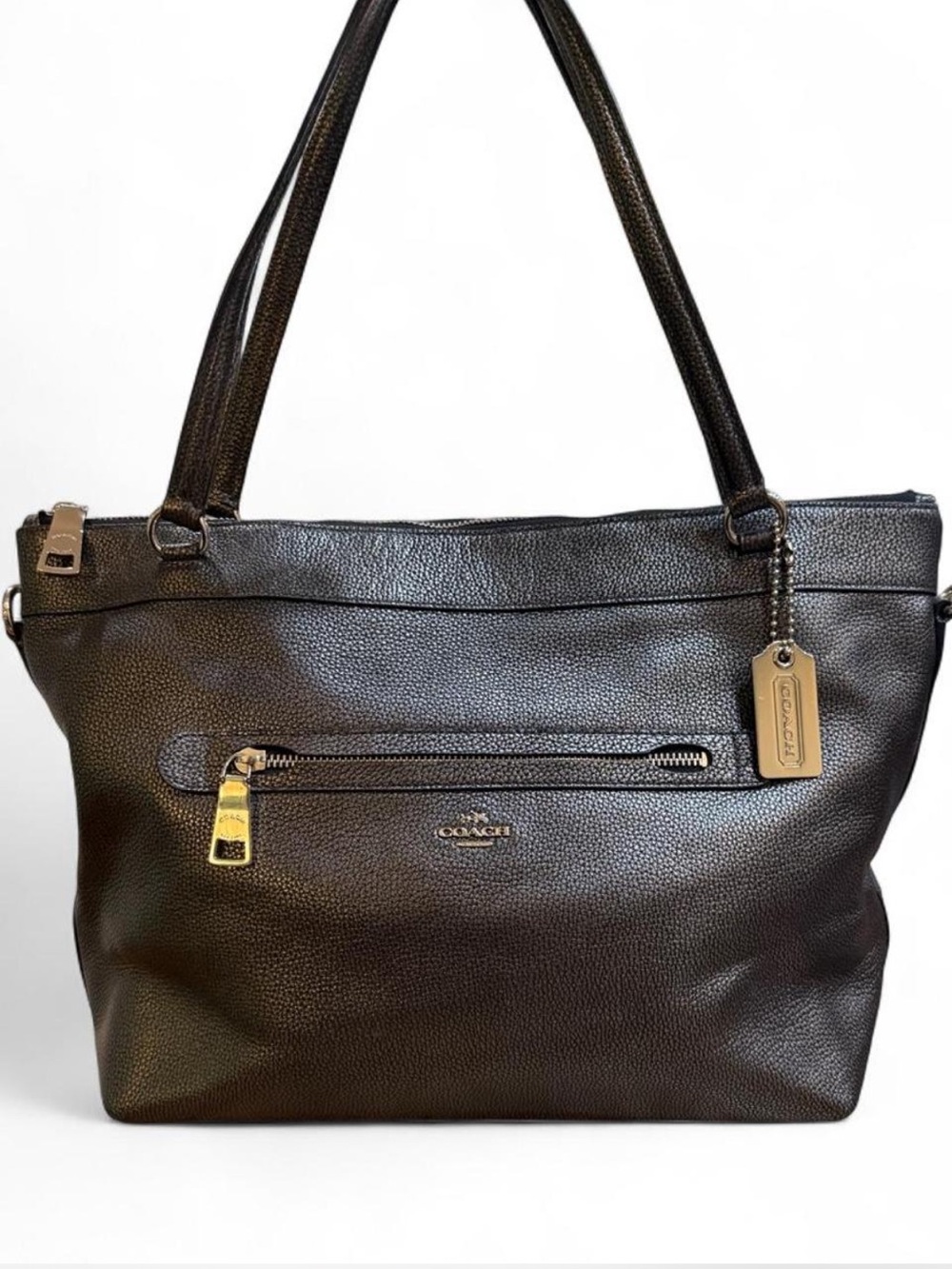 COACH Tyler Tote F56140 Metallic Gunmetal Pebble Leather Work Tote Crossbody GUC